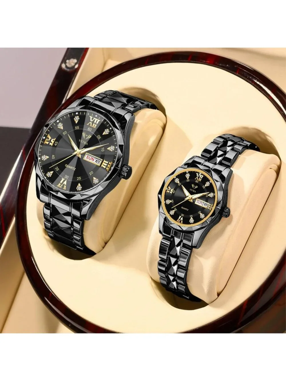 Men Women's Black band and Black dial Watches Set Luxury Diamond for Couple